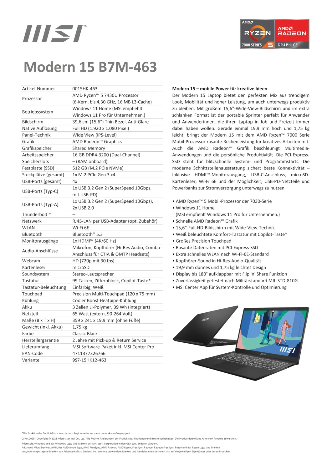 MSI Modern 15 B7M-463 Notebook Ryzen 5 16GB 512GB