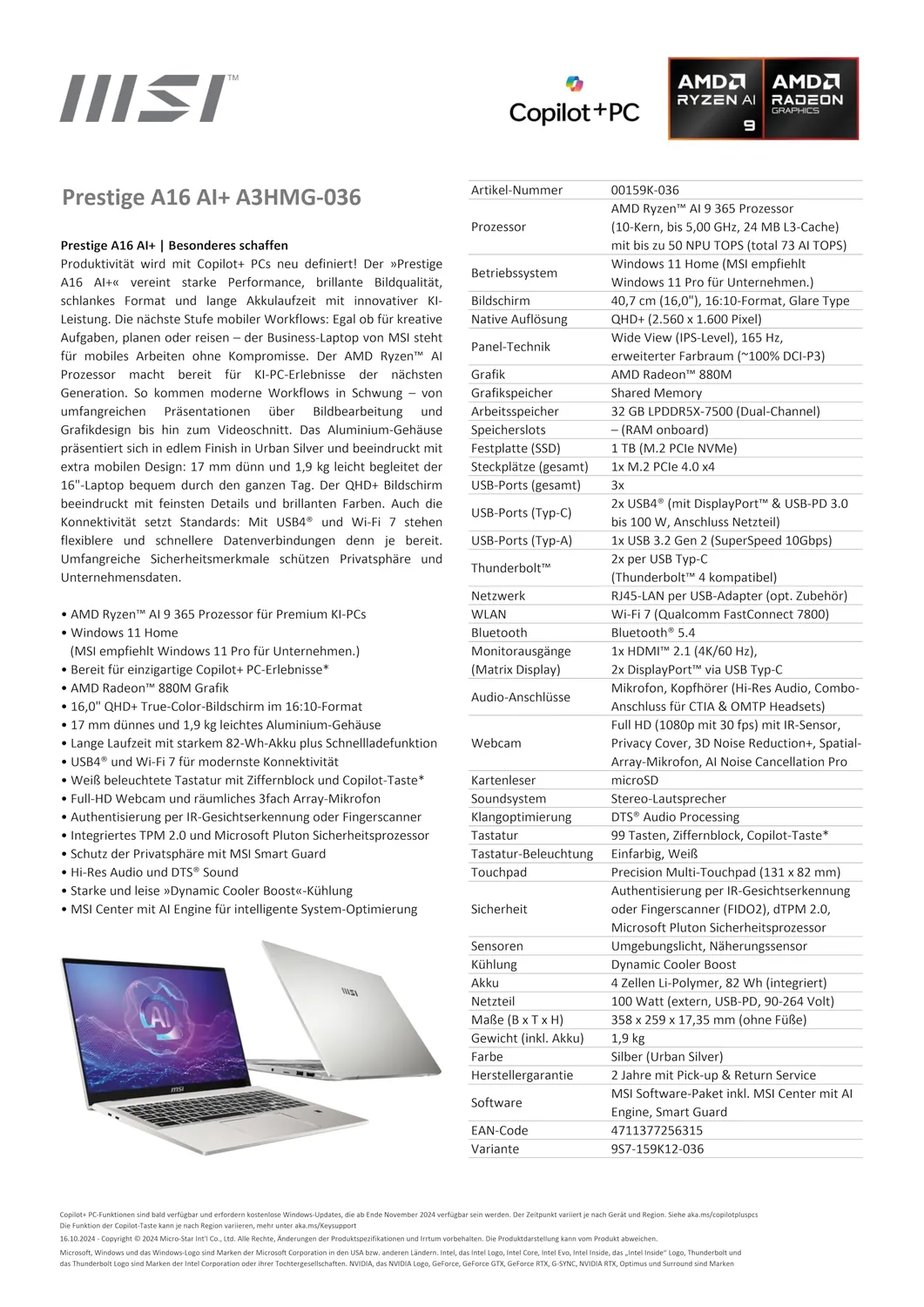 MSI Prestige A16 AI+ Laptop 16 QHD+ Ryzen AI 9 32GB/1TB Silver