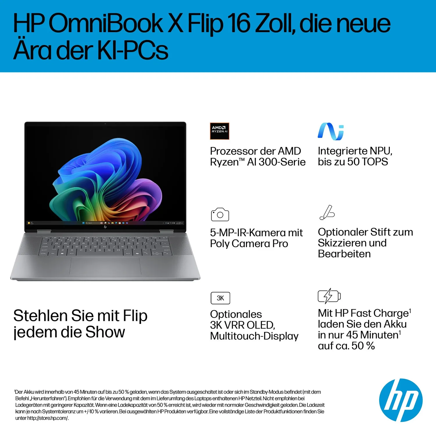 HP OmniBook X Flip 16 2in1 Laptop Ryzen AI 5 512GB silber