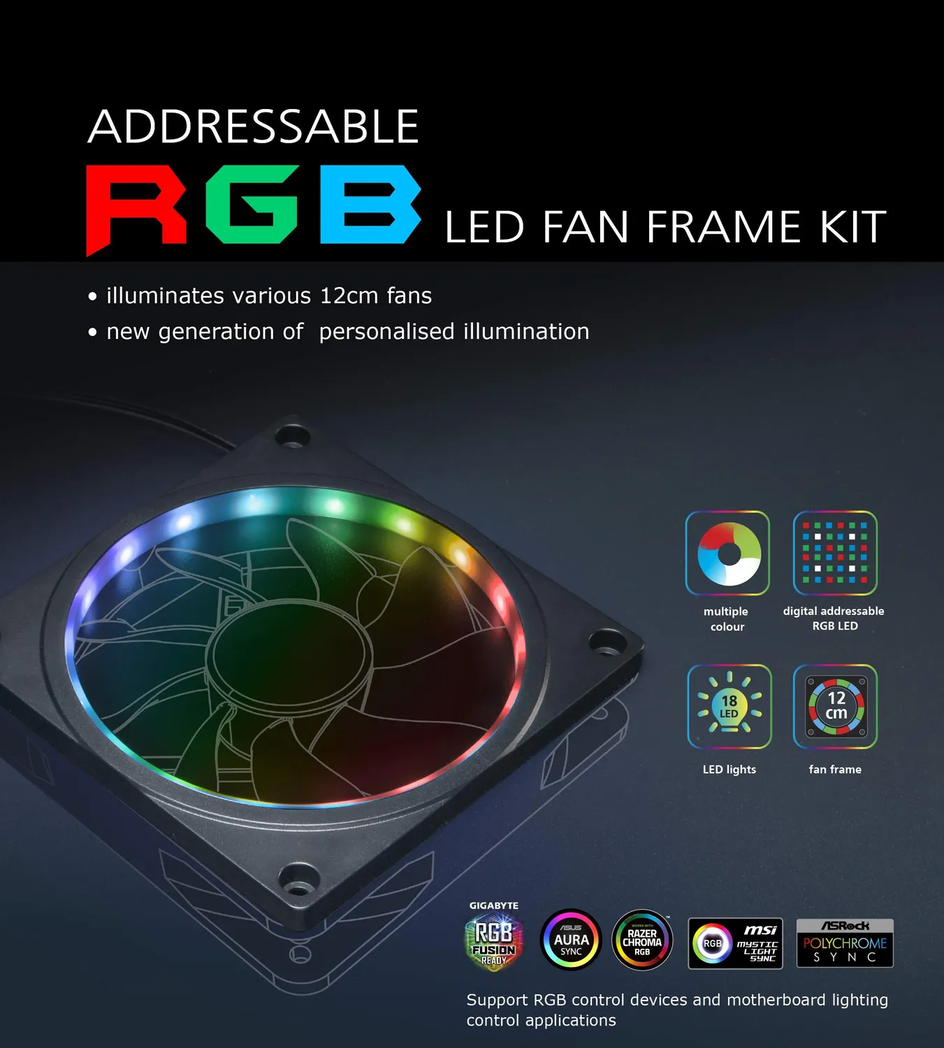 Akasa RGB Lüfterrahmen 120mm LED 3-Pin