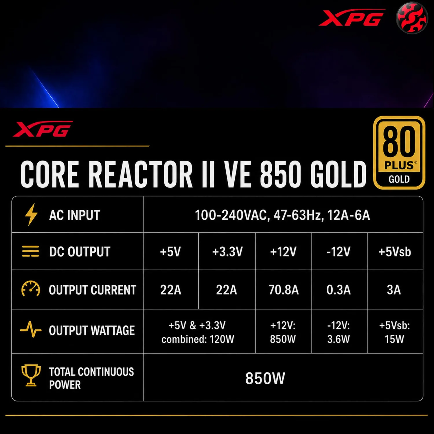 XPG Core Reactor II VE 850W Netzteil ATX 3.1 Gold schwarz
