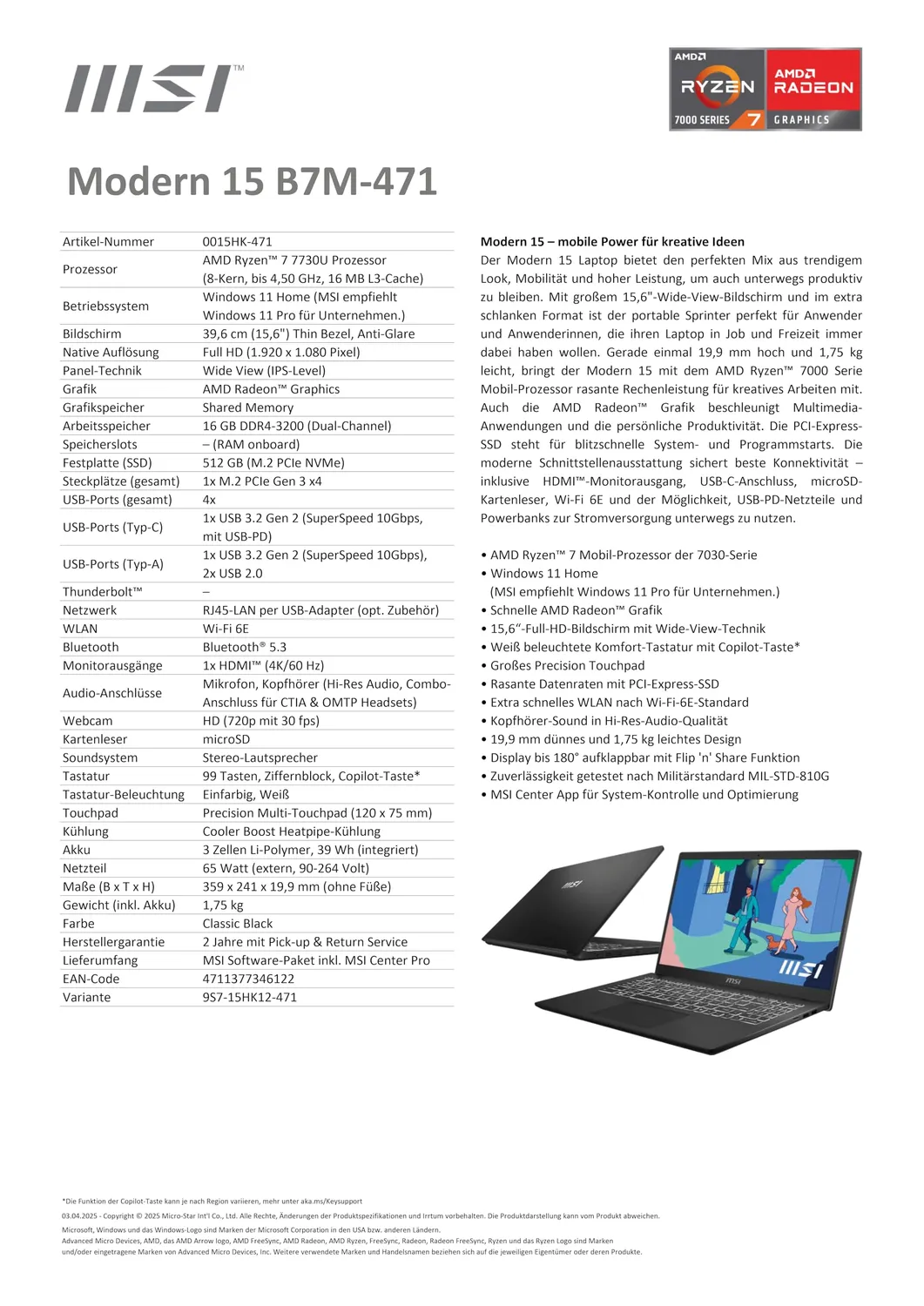 MSI Modern 15 B7M-471 Laptop 15,6" Ryzen 7 16GB 512GB